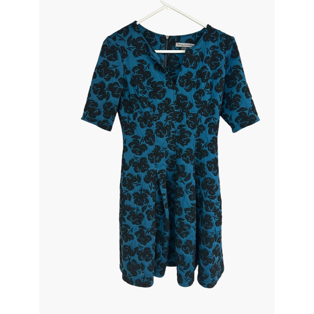 Danny and Nicole Teal Blue Black Floral Jacquard Fit and Flare Dress Size 6